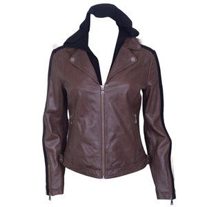 Women's Dark Brown Leather Jacket with Removable Hood